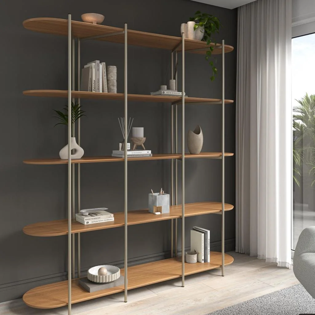 Estante 5 Prateleiras Aço Carbono com MDF Enya 180 cm Canella com Champanhe