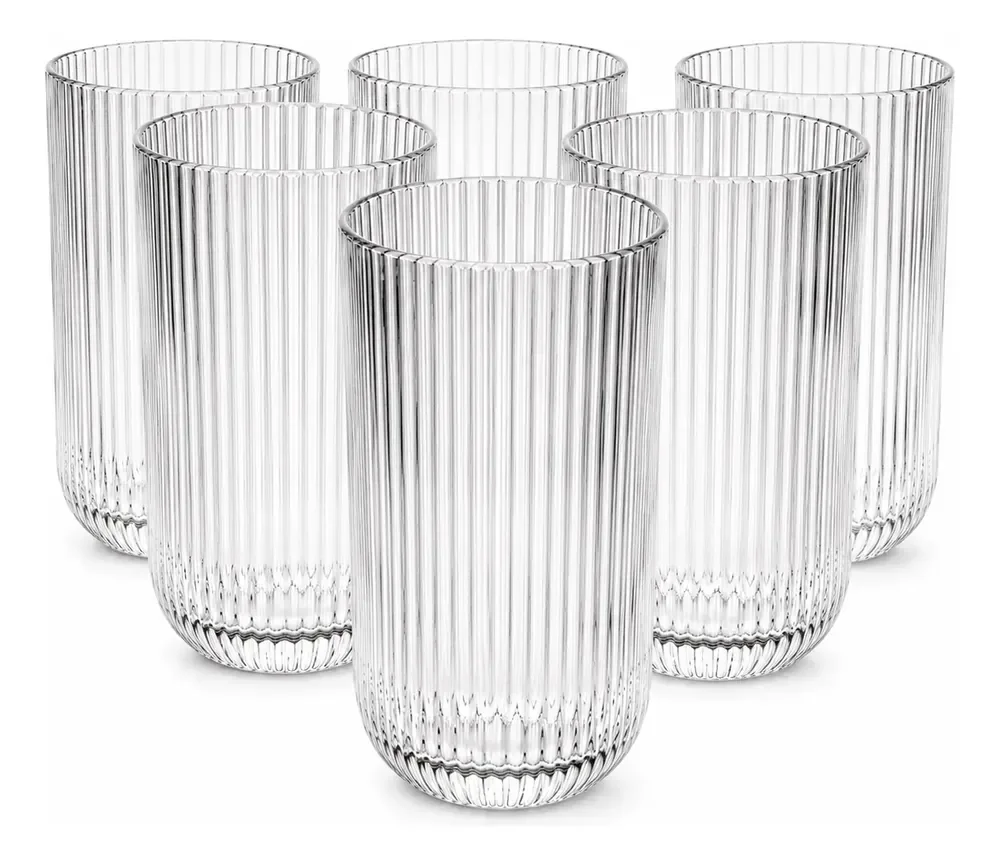 Jogo 6 Copos De Vidro Canelado 450ml Agua Sucos Drinks Transparente