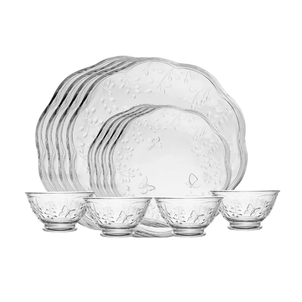 LYOR - Jogo de Jantar 12 peças New Butterfly em Cristal Ecológico - Serve 4 Pessoas - 4 Pratos Rasos, 4 Pratos para Sobremesa e 4 Bowls.