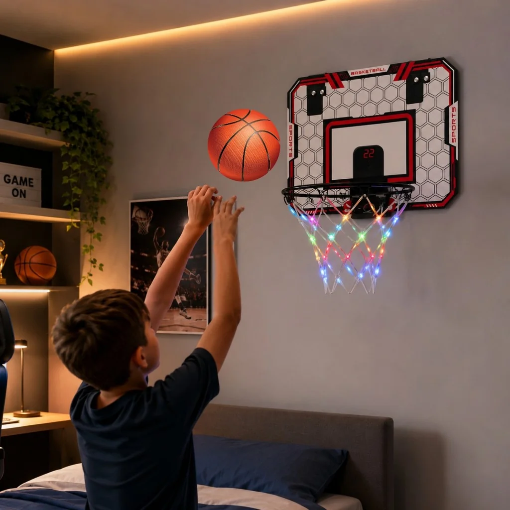 Brinquedo Kit Tabela e Cesta de Basquete Infantil C/ Som Luz LED Bomba de Ar Bola de Basquete P/ Crianças - Castela