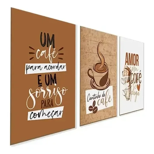Kit 3 Quadro Decorativo Cantinho Do Café Placas Copa Cozinha Cor Marrom-claro
