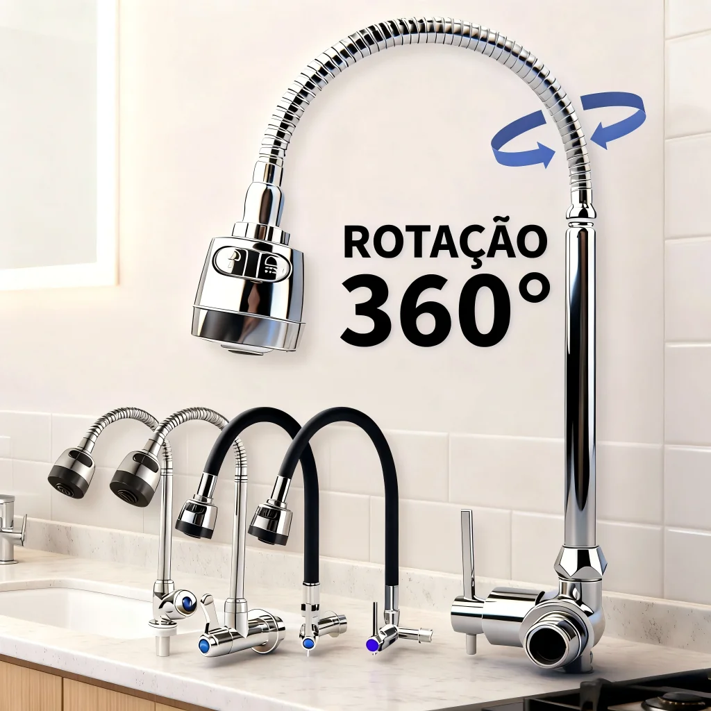 Torneira Cozinha Gourmet Válvulas de Aço Inoxidável Bancada Parede Flexível Volta Cromo Com Chuveiro Com Rotação De 360°
