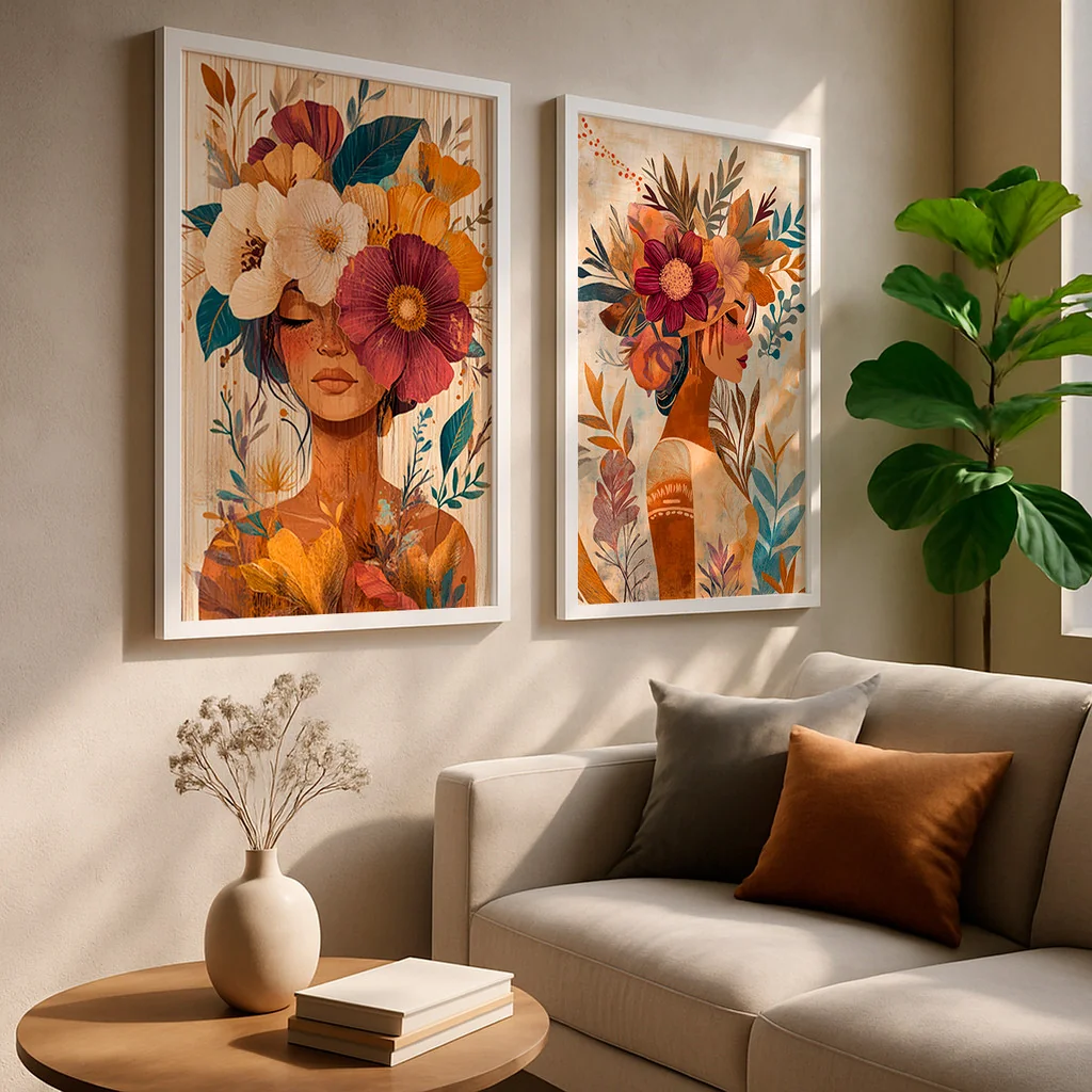 Kit 2 Quadros Mulher com Flores Tons Terrosos Arte Moderna Elegante Feminina com Moldura