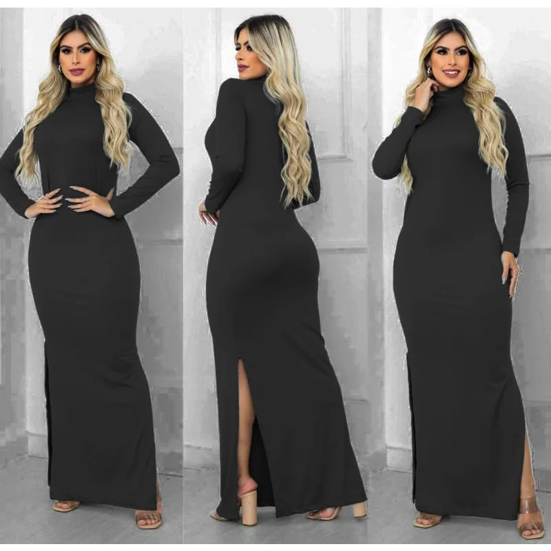 Vestido Longo com Fenda Lateral Manga Longa Gola Alta em Malha Canelada