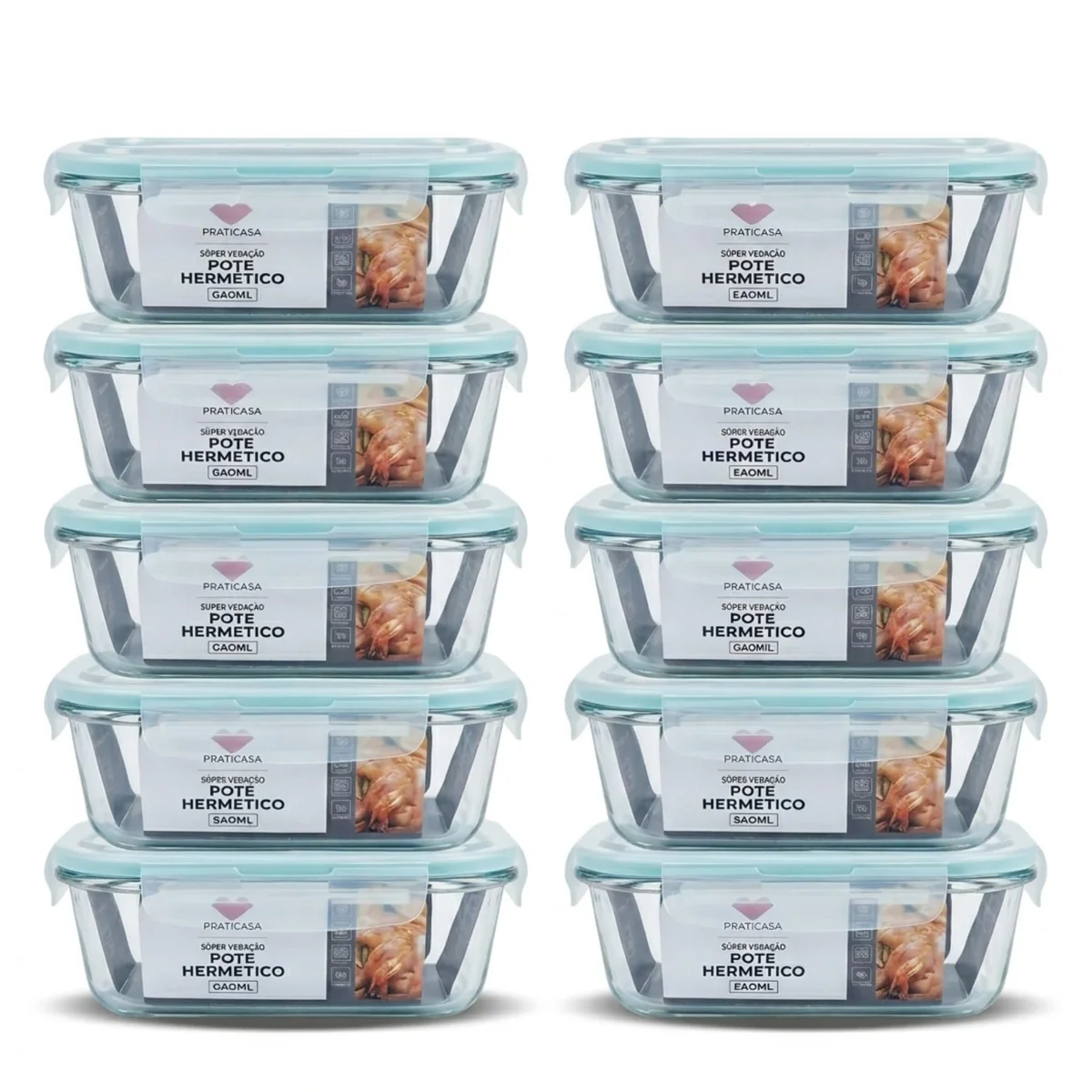 Pote de Vidro Hermético 640ml Retangular Kit 10 Unidades Marmita