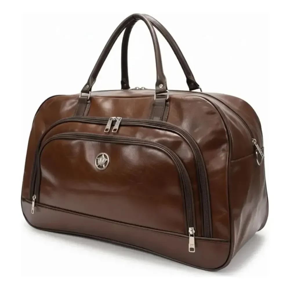 Bolsa De Viagem Luxo Couro Sintético Resistente Premium Cor Marrom Lisa
