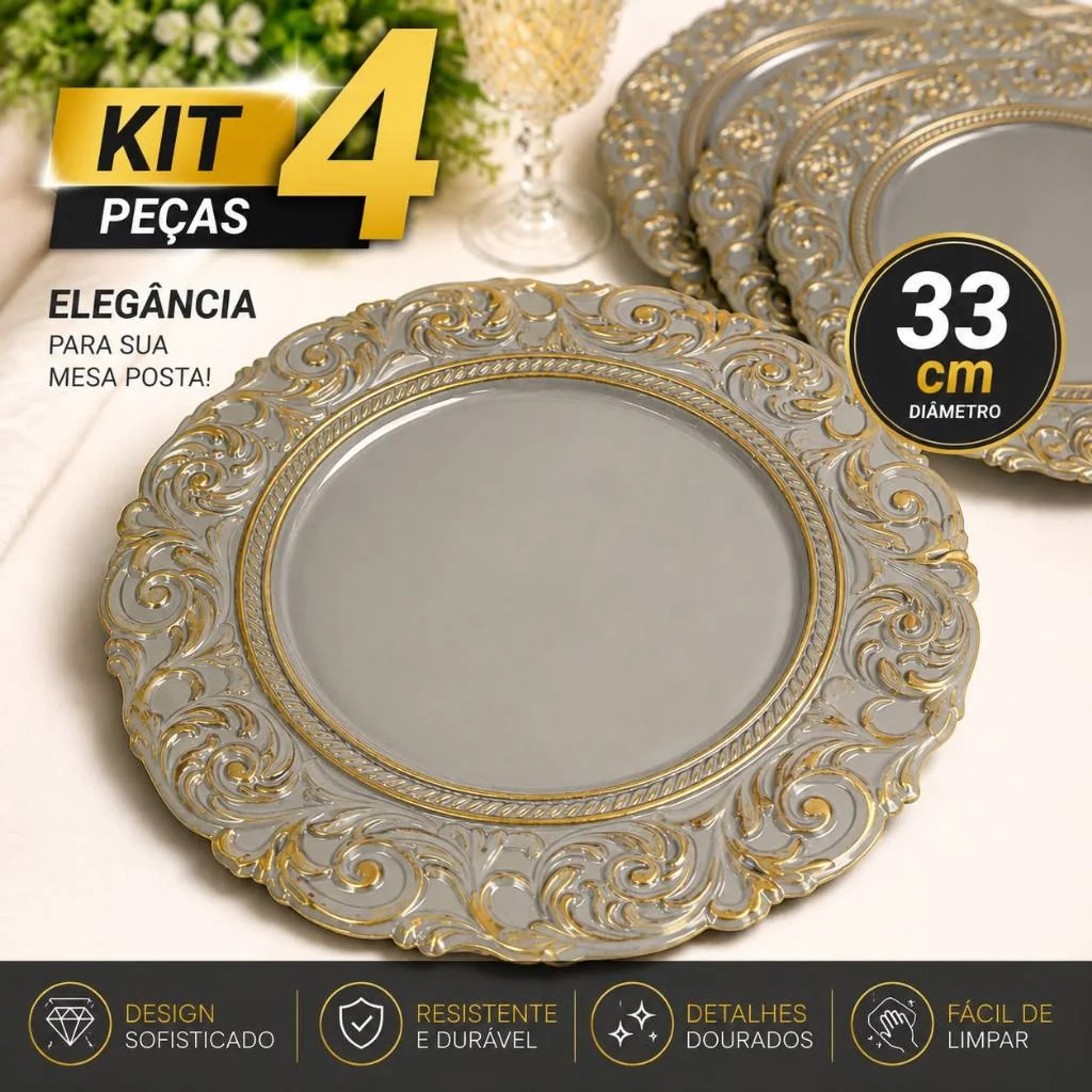 kit 4 Peças - Sousplat Plástico Lavável Jogo Americano Redondo 32,5 Mesa Posta Cozinha Jantar Decorativo Luxo