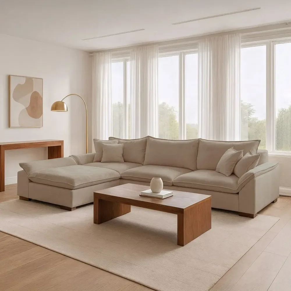 Sofá Modulado Com Chaise Dominique Base Em Madeira Fe Bege