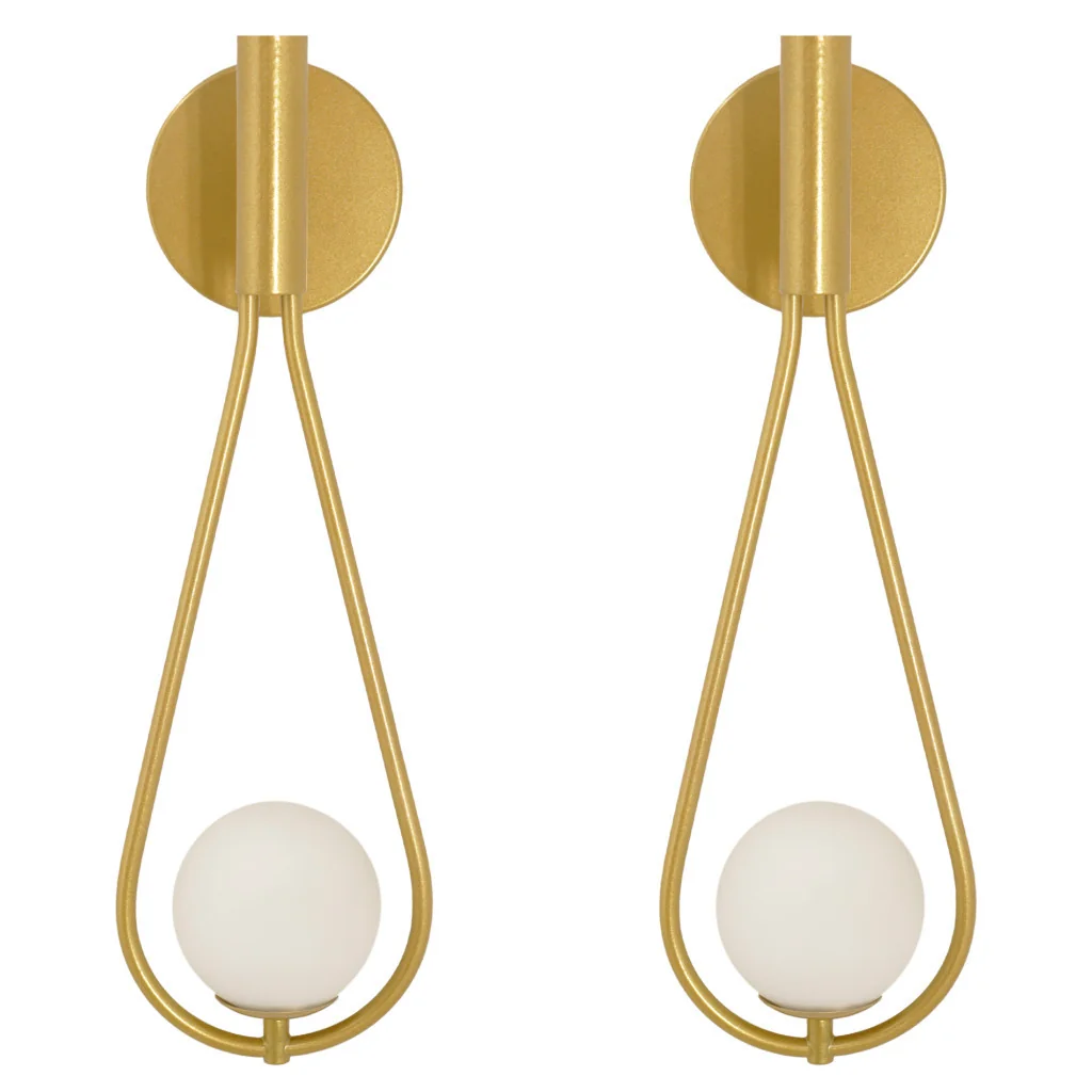 Kit 2 Luminarias Arandela Gota Tubo Globo Vidro Hall Dourado
