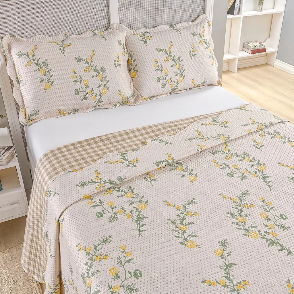 Kit Cobre Leito Colcha Casal Bouti 3 Peças Dupla Face Estampada Porta Travesseiro Aba Americana