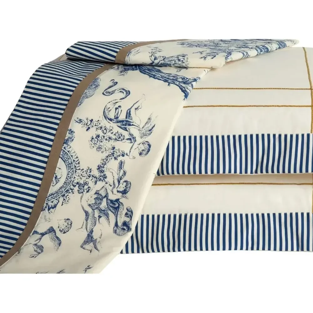 Jogo De Lençol Queen Algodão Com Elástico 3 Pçs Porcelana Azul Porcelana