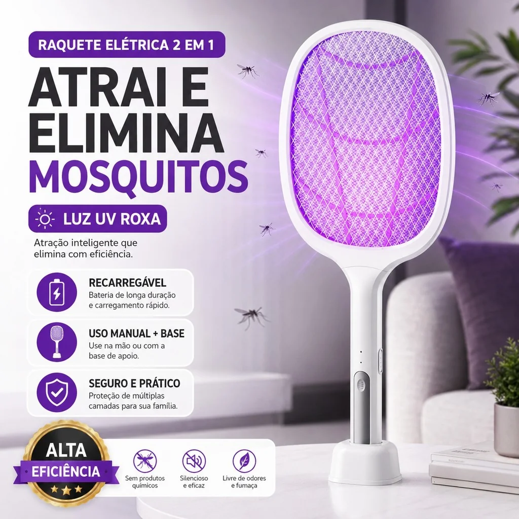 Raquete Mata Mosquito Recarregável Com Base Luz UV 2 em 1
