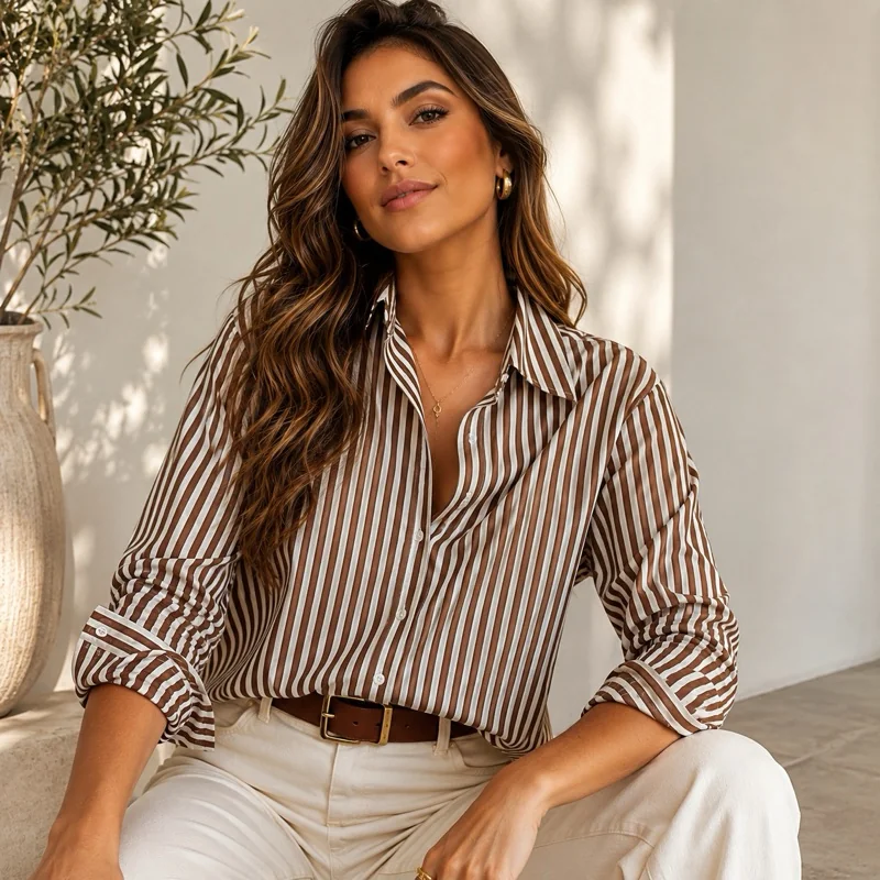 Camisa Social Feminina Listrada Crepe Premium | P ao GG - Blusa Elegante e Confortável