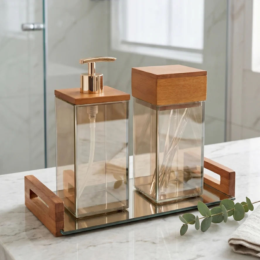 Kit Banheiro Lavabo Premium Saboneteira 500ML Porta Escova Com Tampa Bandeja Vidro Madeira Luxo