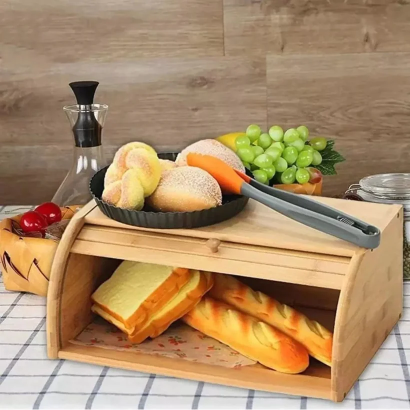 Porta Pães Com Tampa Retrátil de Bambu