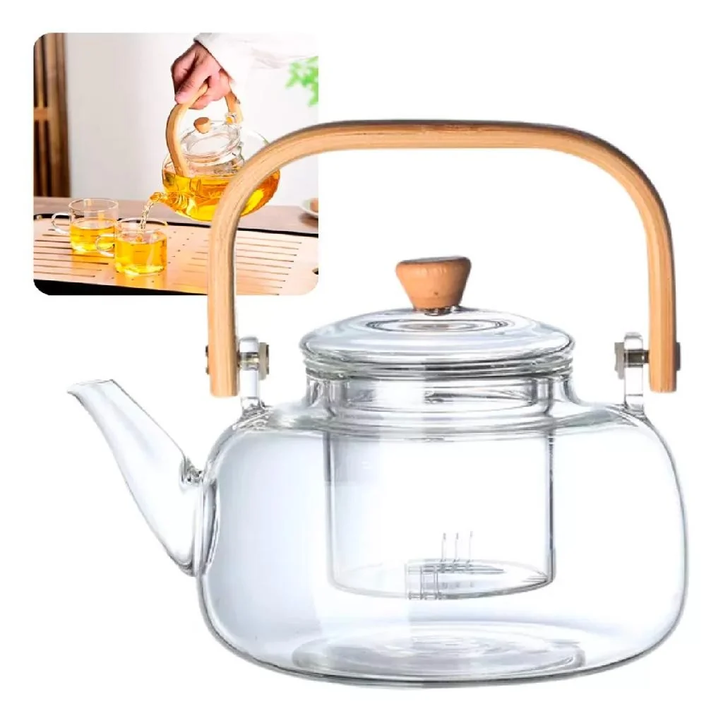 Chaleira de Vidro com Infusor – Cabo de bambu, Ideal para Chá, Café e Decoração