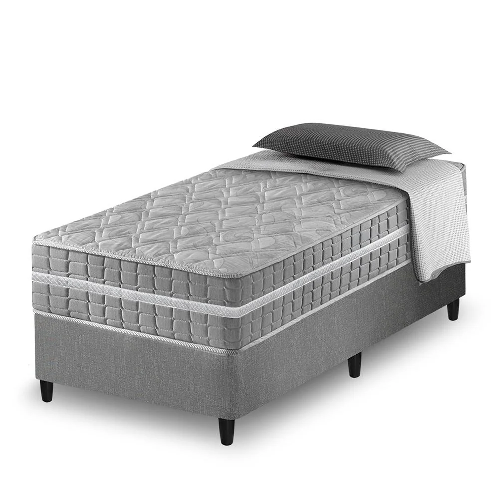 Cama Box Solteiro King Cinza + Colchão Molas Ensacadas Zidi Alabama 96x203x61cm