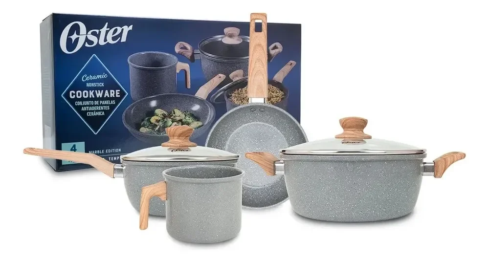 Jogo de Panelas 4 Peças Marble Edition Oster - Revestimento Antiaderente de Cerâmica com Acabamento Marmorizado Dark Grey, Compatível com Indução, Cabos com Revestimento de Toque Suave