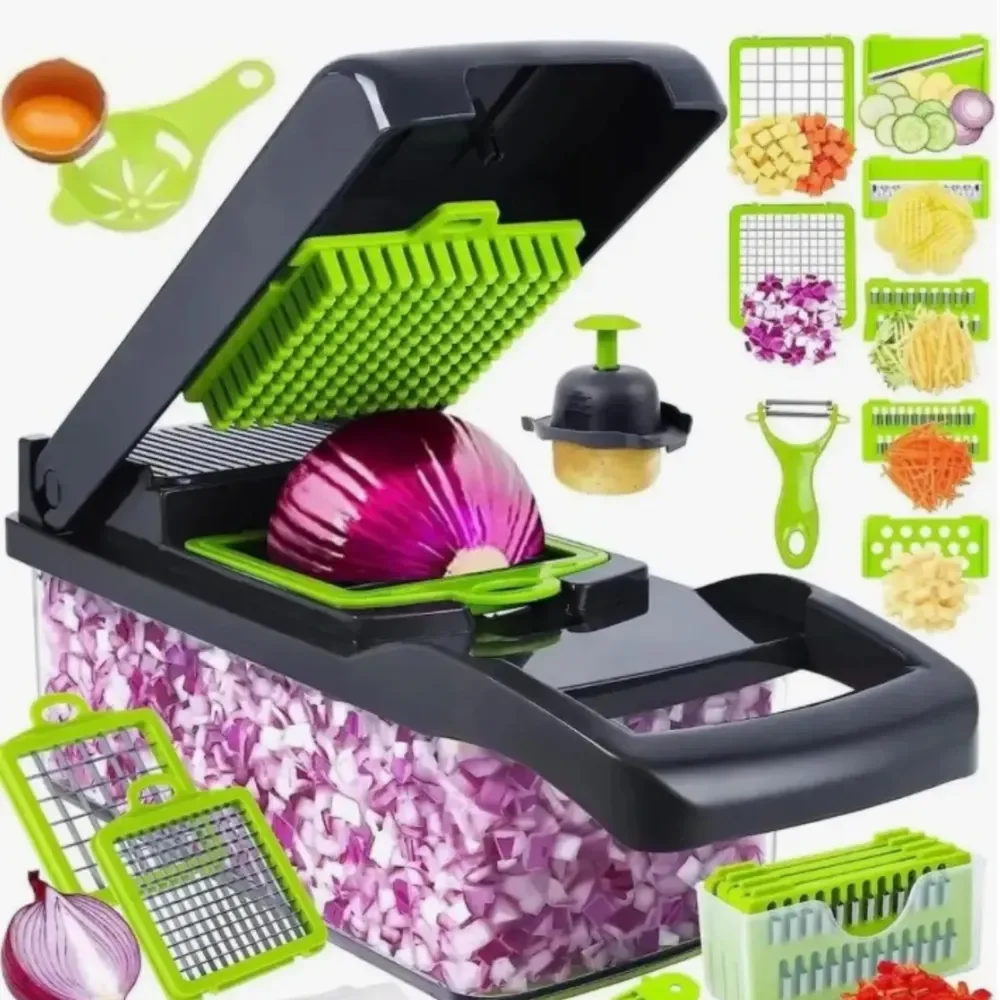 Cortador e Ralador Multifuncional de Legumes 16 em 1 COZINEX, com Recipiente e Lâminas Intercambiáveis em Aço Inoxidável