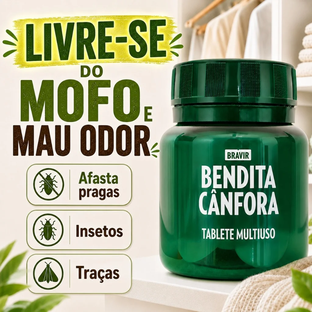 Bendita Cânfora Pastilha Tablete Pote com 30 unidades Odorizante Afasta mofo Insetos Armário Roupas