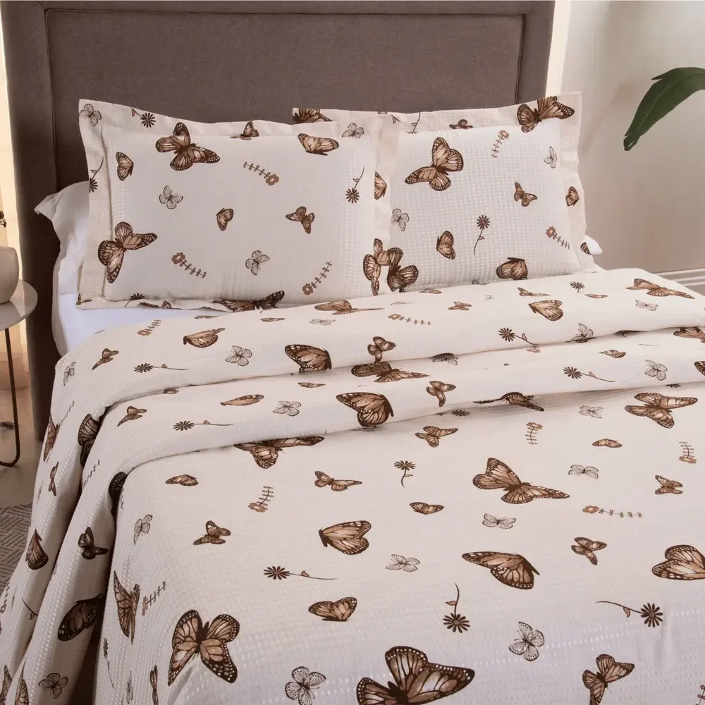 Colcha Cobre Leito Estampado Cama Queen Kit 3 Peças Firenze Borboleta Marrom Estampado
