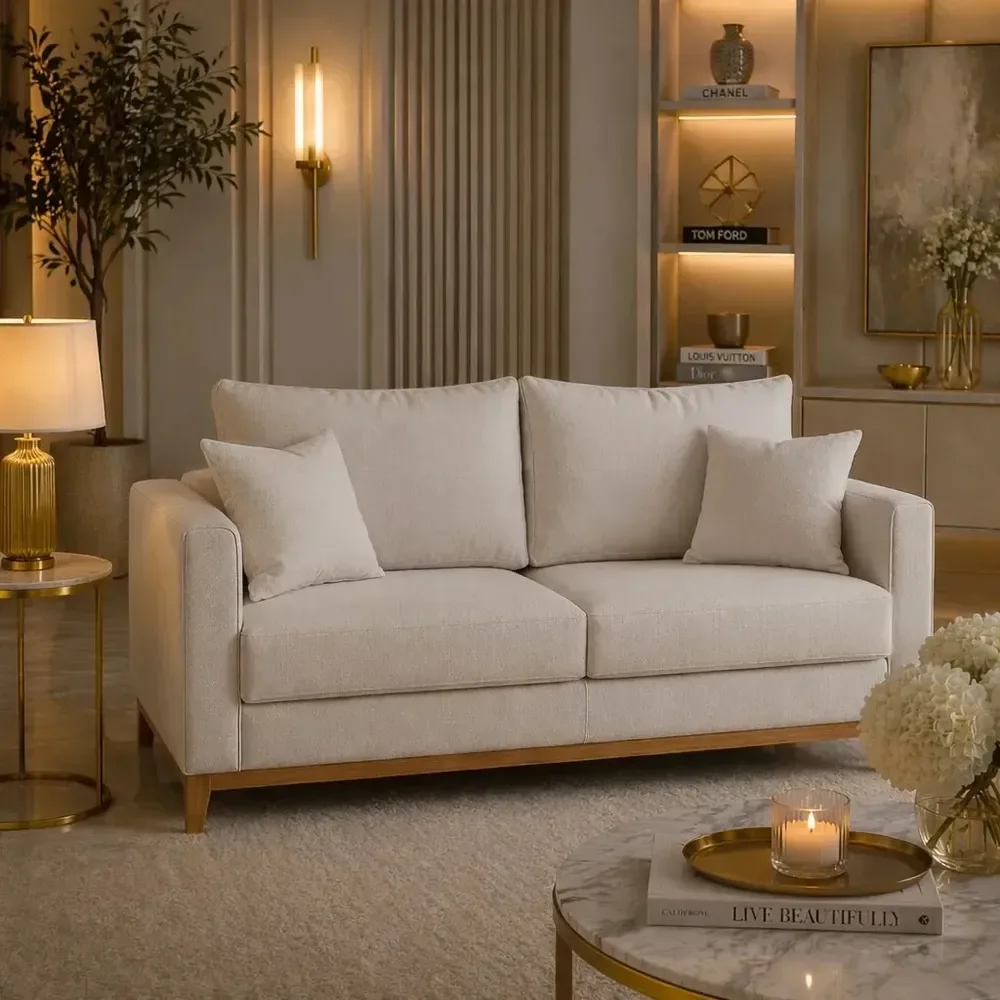 Sofá 1,40 Beny Living Linho Cru 2 Lugares Luxo Sala De Estar Recepção Clínica Escritório Acompanha 2 Almofadas Decorativas Mz Móveis Creme Liso