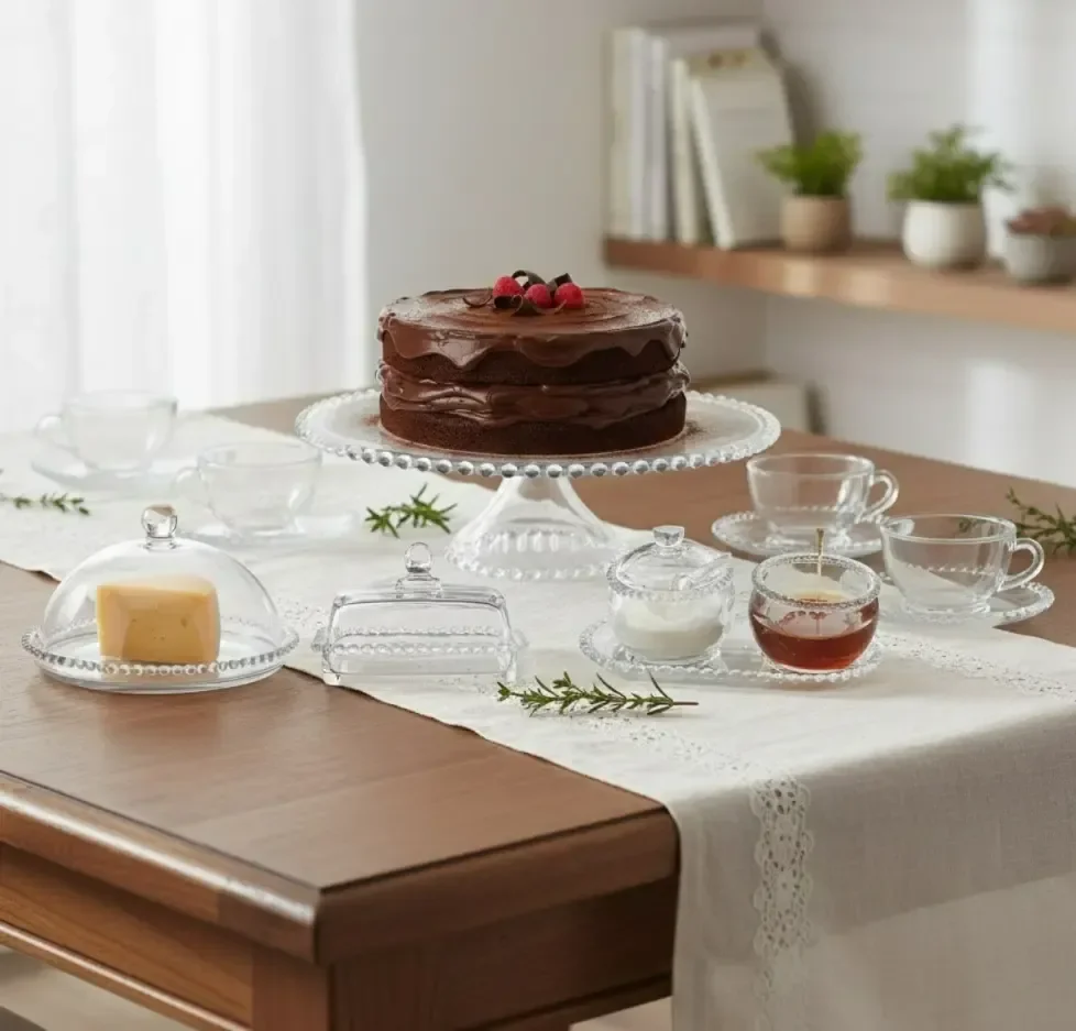 Jogo Aparelho Para Mesa Posta C/ Pires Redondo Café Chá Cristal Pearl Borda Bolinhas Perola Wolff 14 Unidades