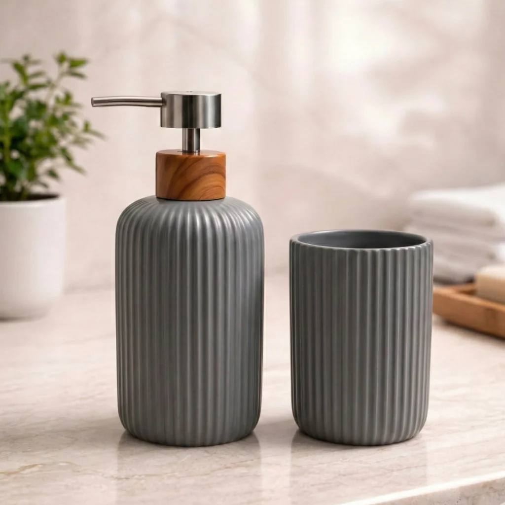 Kit Dispenser Porta Sabonete Liquido e Porta Escovas Acessórios Banheiro Porcelana Elegante Luxo