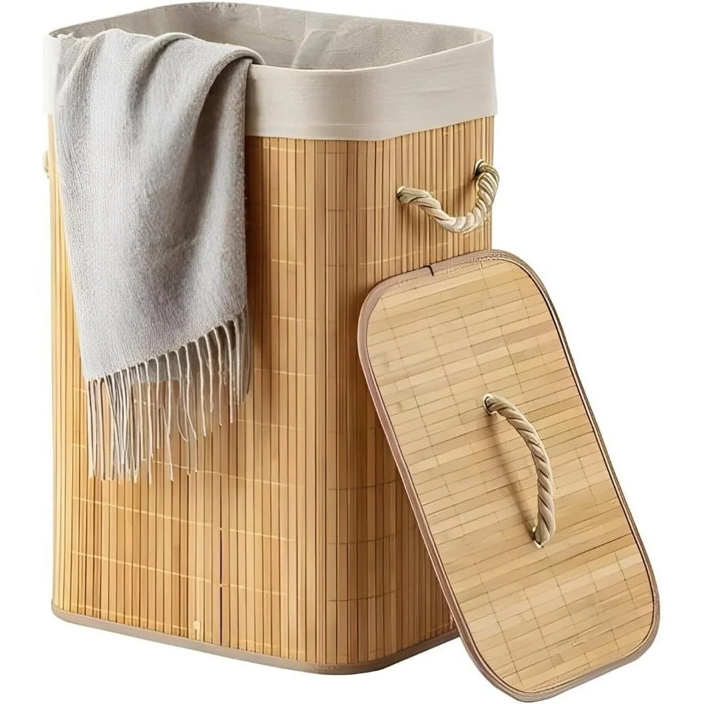 Cesto de Bambu Retangular Com Tampa Cesto Oraganizador Roupa Suja Alças Banheiro Bege