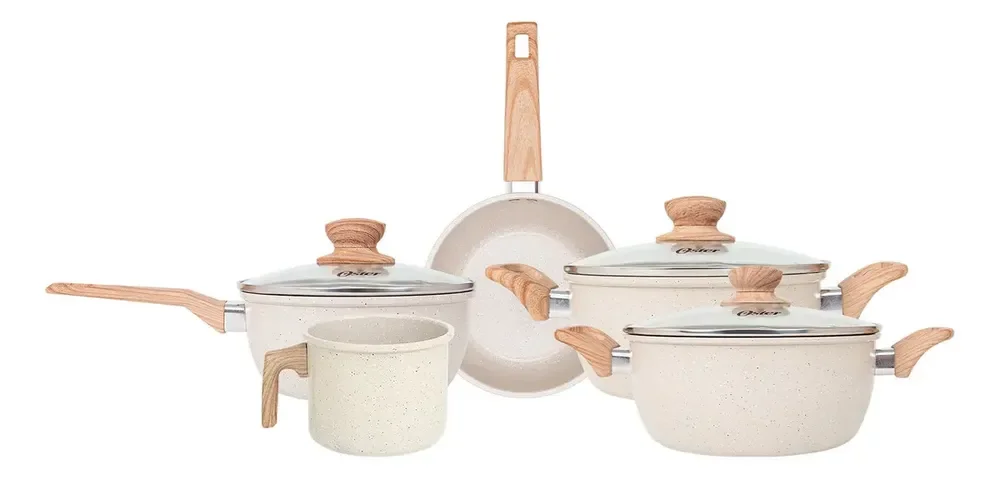Jogo de Panelas Oster Marble Edition com Revestimento Cerâmico e Indução – Kit de 5 Peças Creme
