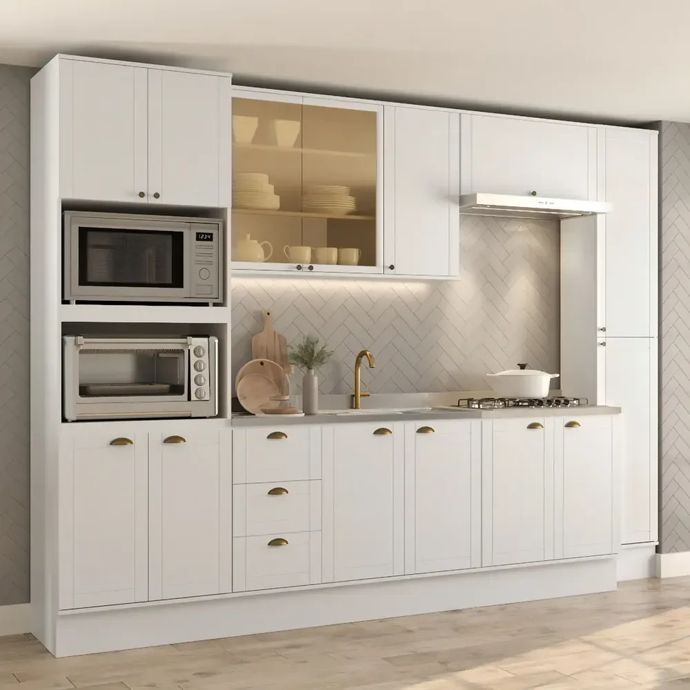 Cozinha Completa Modulada Milla Look 100% Mdf Com Balcão Para Cooktop Branco Carraro