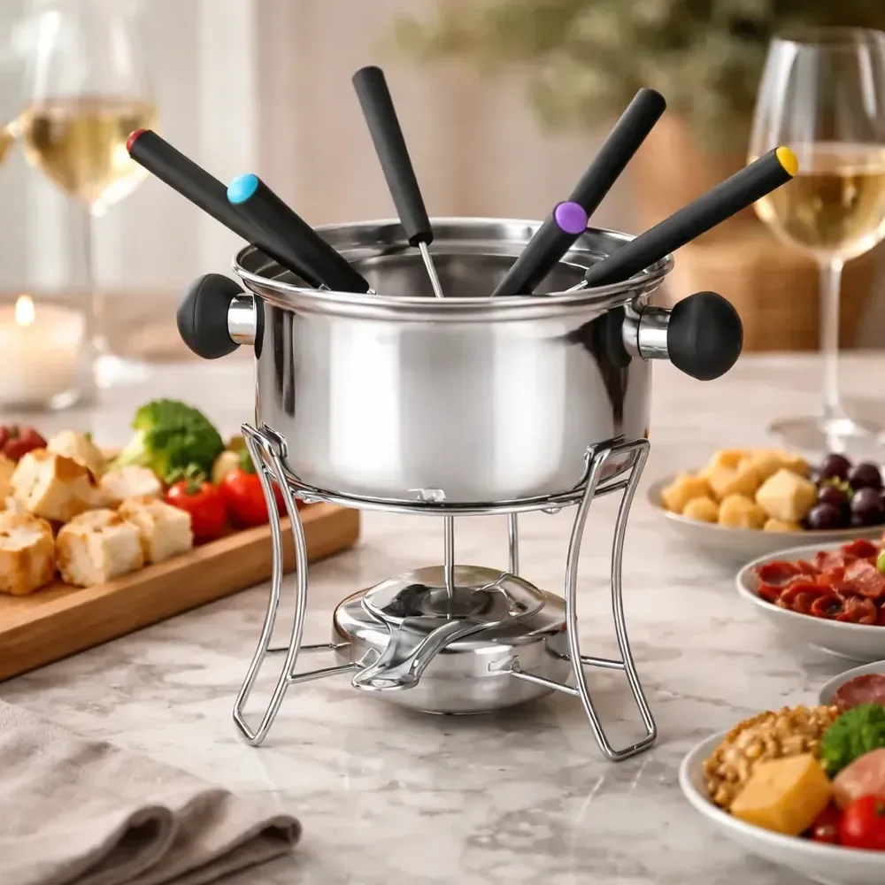 Aparelho Para Fondue Inox 10 Peças Inclui Fogareiro E Base 6 Garfos Prateado
