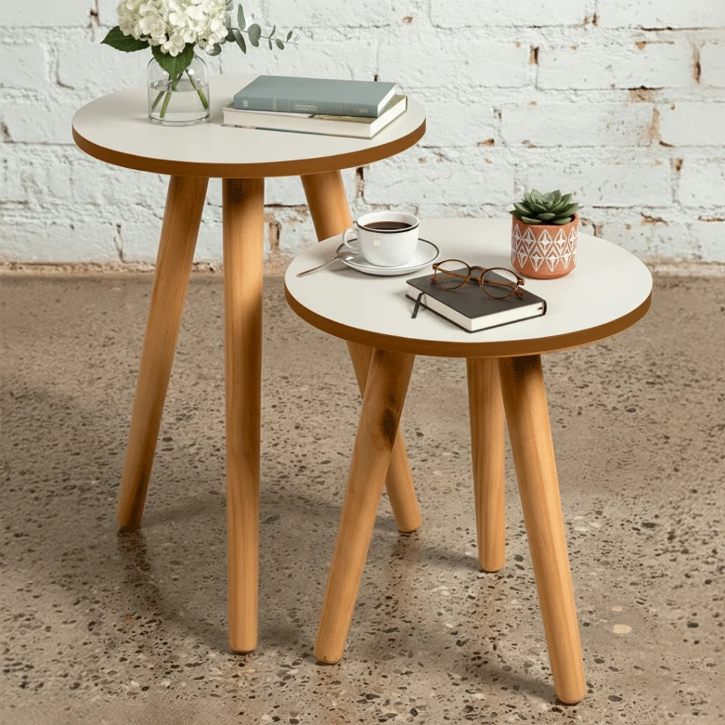 Conjunto de Mesa Canto Pe Palito Madeira Tripe Porta Quadros E Objetos Branco Ou Preto
