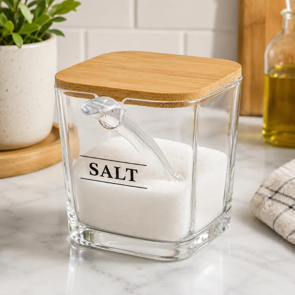 Saleiro de Cozinha Premium 300ml Cristal com Tampa e Colher de Madeira Miami - Hauskraft