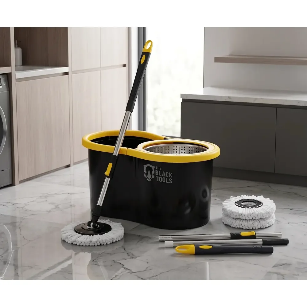 Mop Giratório 360° Balde Inox 8 Litros Centrífuga C/ 2 Refis Preto E Amarelo