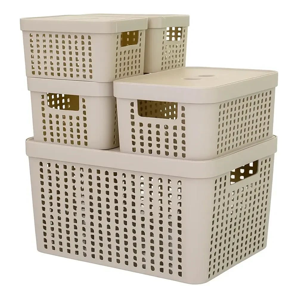 Kit 5 Caixas Organizadoras 2l 4,5l 17l Com Tampa Multiuso Cor Bege