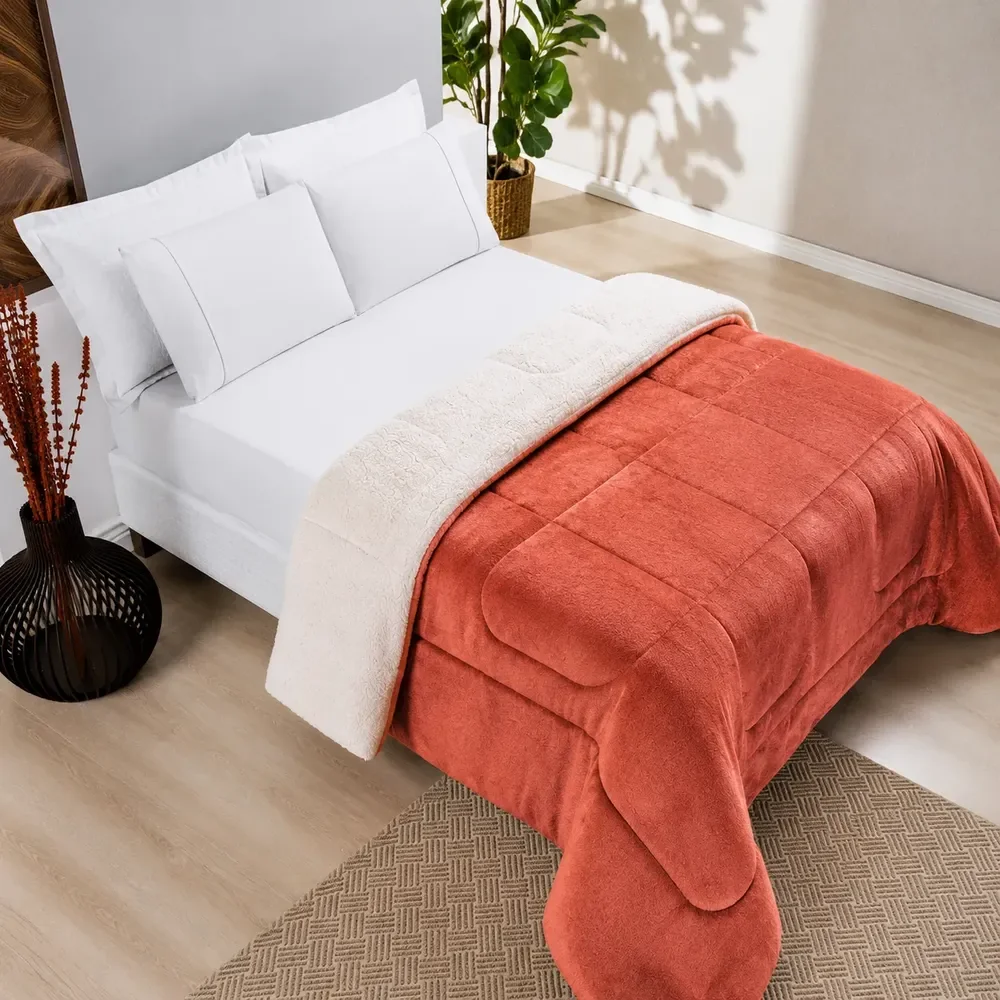 Edredom Sherpa Cobertor Grande Coberdrom Casal Queen Grosso Terracota
