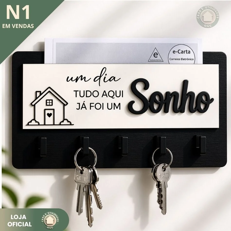Porta Chaves Cartas Parede MDF Decorativo Organizador Chaveiro Casa Entrada 5 Ganchos