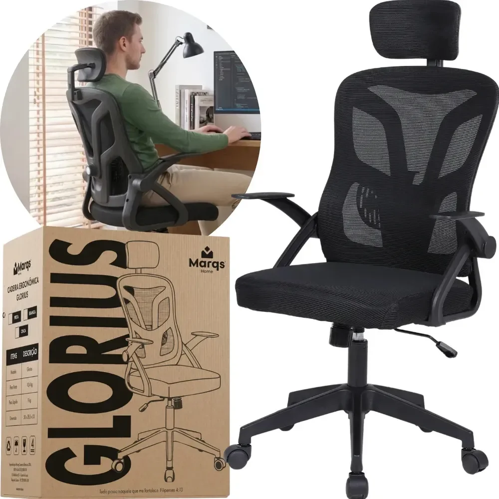 Cadeira De Escritorio Ergonomica Nr17 Glorious Marqs Home Giratoria Resistente Reforçada 180kg Confortavel Reuniao Mesh Preta