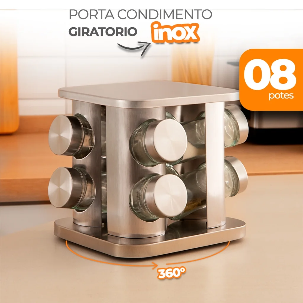 Porta Condimentos Giratório Inox 8 Potes – Quadrado – Base 360° Organizador de Cozinha