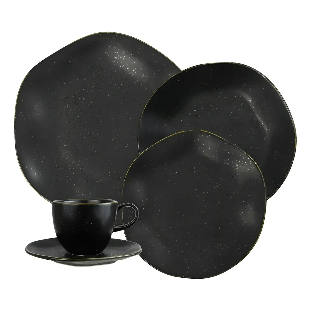 Aparelho De Jantar 20 Peças Volcano Ryo Oxford Porcelana Preto E Dourado Liso Acetinado Com Estalte Reagende