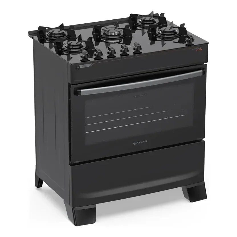 Fogão 5 Bocas Atlas Atenas Glass A Gás Com Mesa De Vidro E Mega Chama Preto Bivolt 127/220v