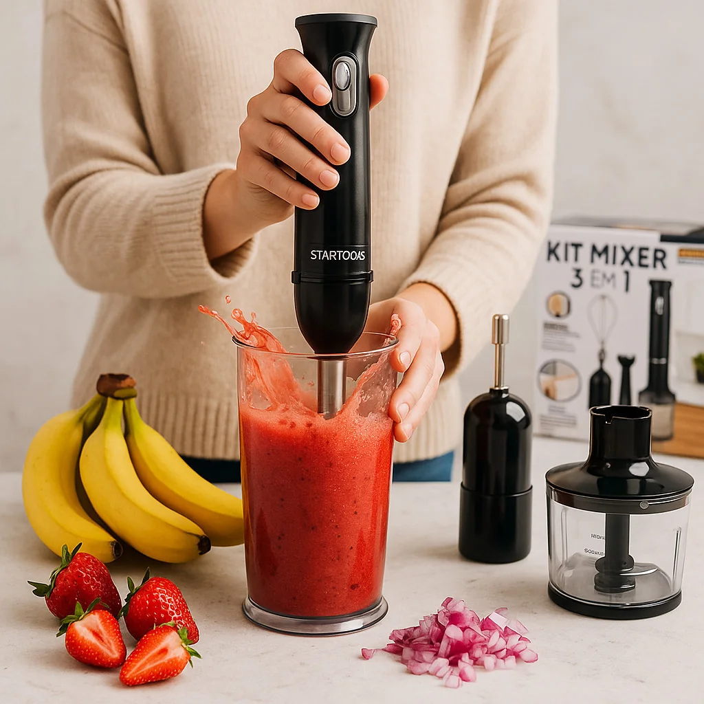 Kit 3 em 1 Mixer Misturador, Processador e Batedor para Vitamina, Receitas e Alimentos Prático