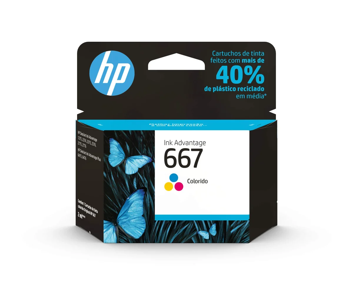 Cartucho de Tinte HP 667 Colorido Original (3YM78AB) Para Impressora Deskjet 2376, 2776, 6476, 5076, 5276