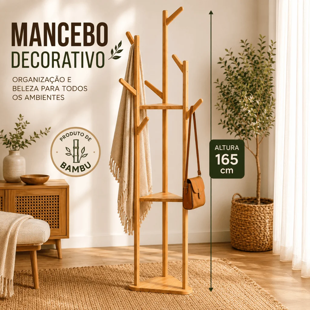 Mancebo Cabideiro Bambu Chão Arara Roupas Prateleira 164,5cm