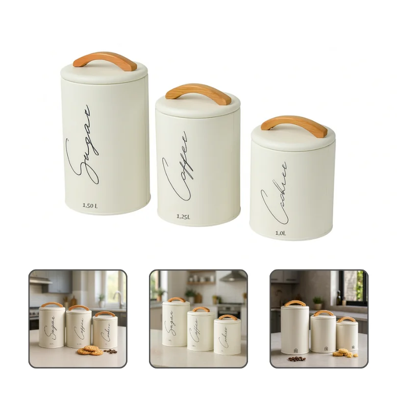 Kit 3 Potes Herméticos Mantimentos Lata Com Tampa E Alça Em Bambu Açúcar Café E Cookies