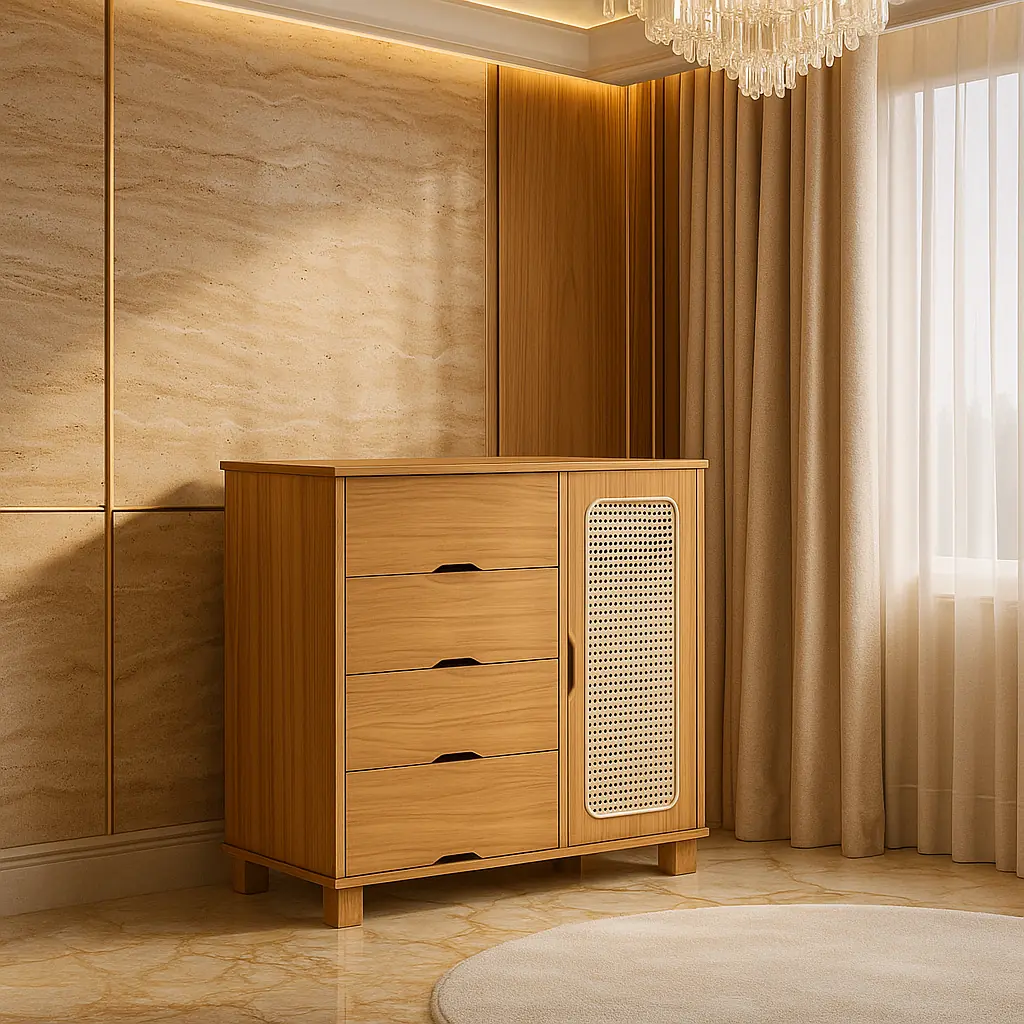 Cômoda de Solteiro Clara de Madeira Mdf Resistente 1 Porta 4 Gaveta com Pés