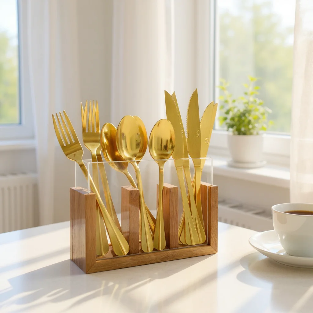 Porta Talher Madeira Nobre Vidro Organizador Multiuso Robusto Mesa Posta Decoraçao Cozinha Hotelaria