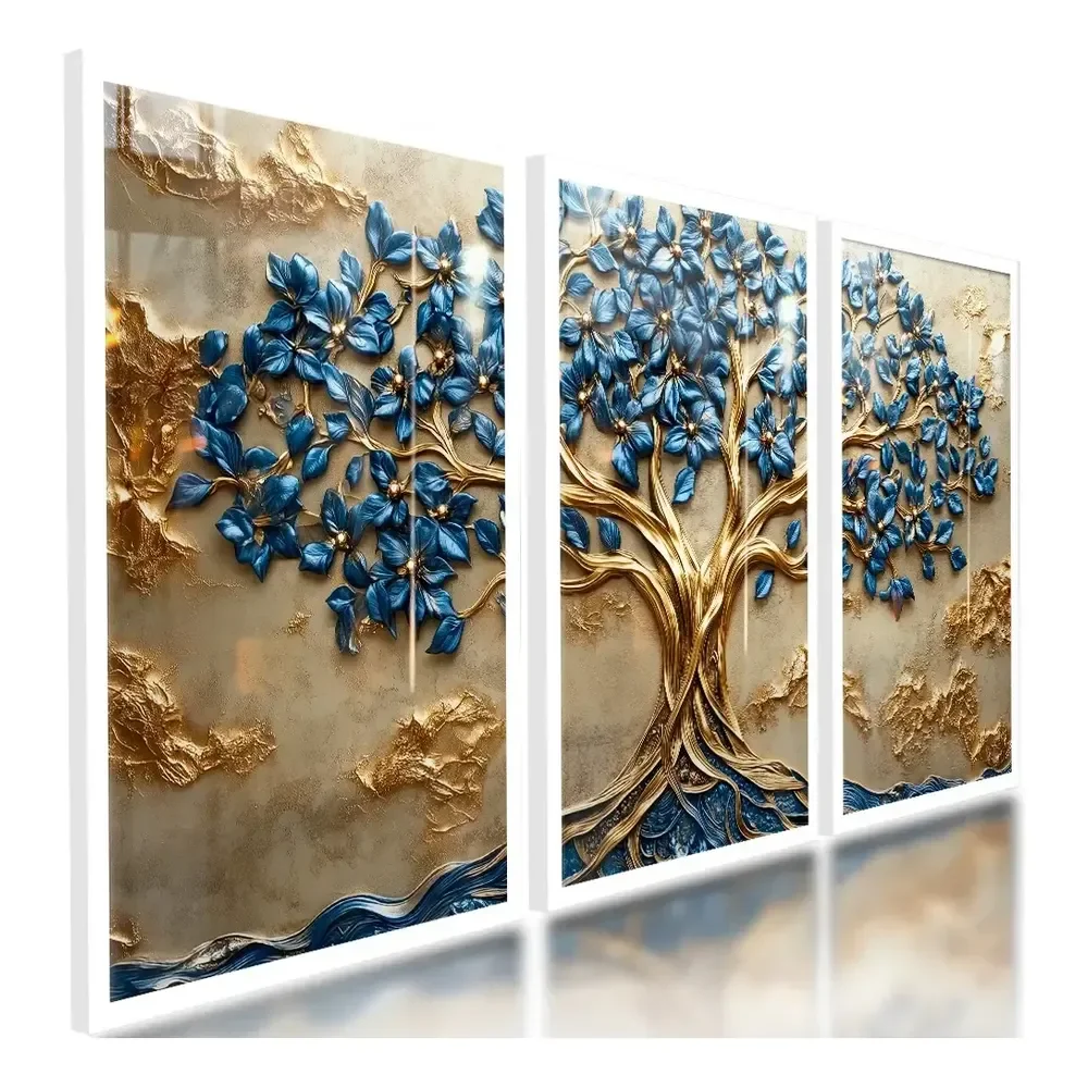Kit Quadros Decorativos Árvore Da Vida 3d Azul Gold 3 Peças Borda Infinita Madeira Mdf Painel Resistente Tratada Imunisada Vinil Alto Brilho Importado