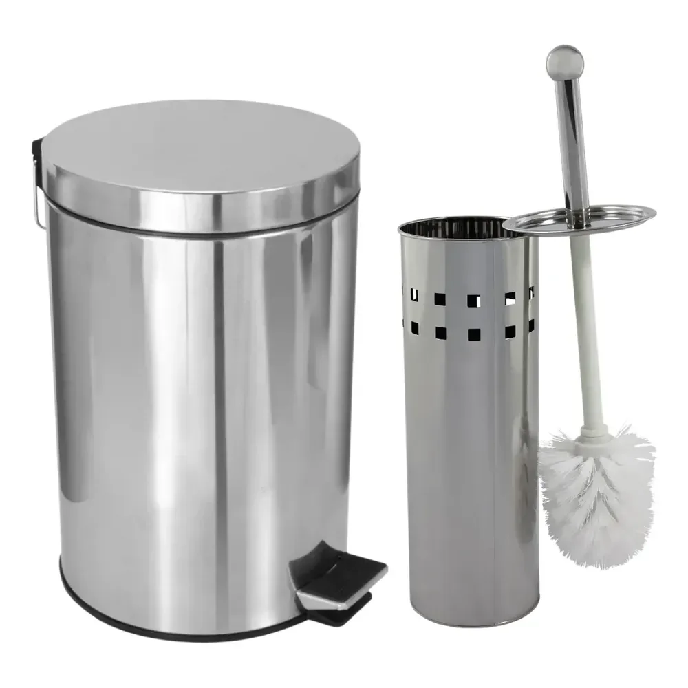 Cesta Lixo Lixeira Banheiro Metal Inox C/ Pedal + Limpador Prateado
